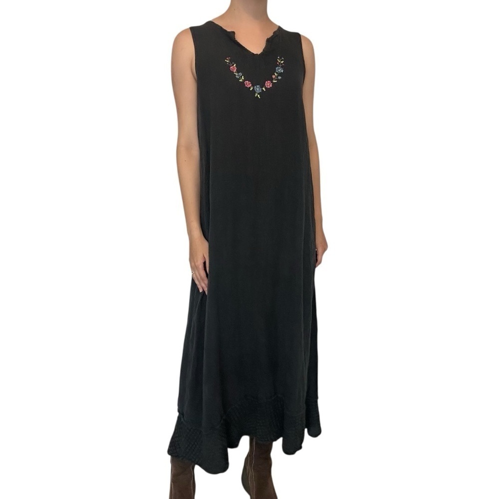 Vintage Maxi Dress Linen Black Embroidered Floral Boho Whimsigoth Size Small